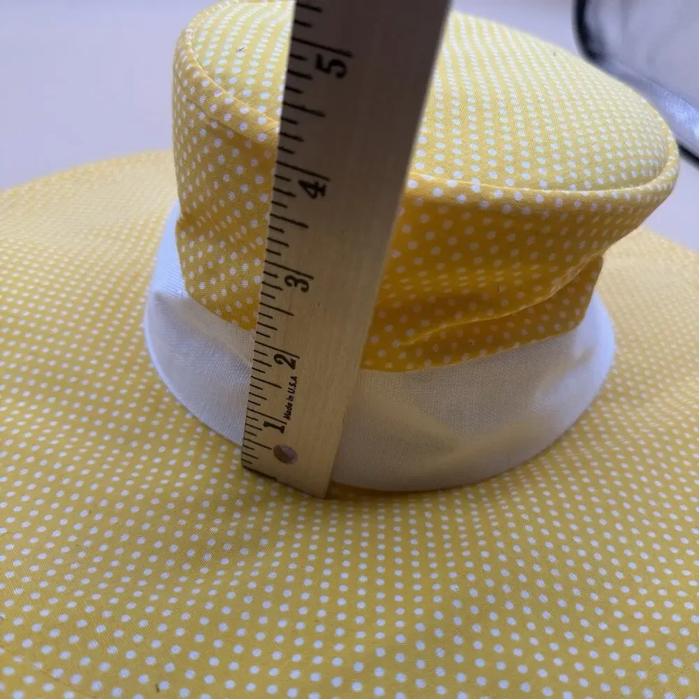 Vintage Rare Polka Dot Sun Hat Yellow White Adult White Band Wide Brim Bucket